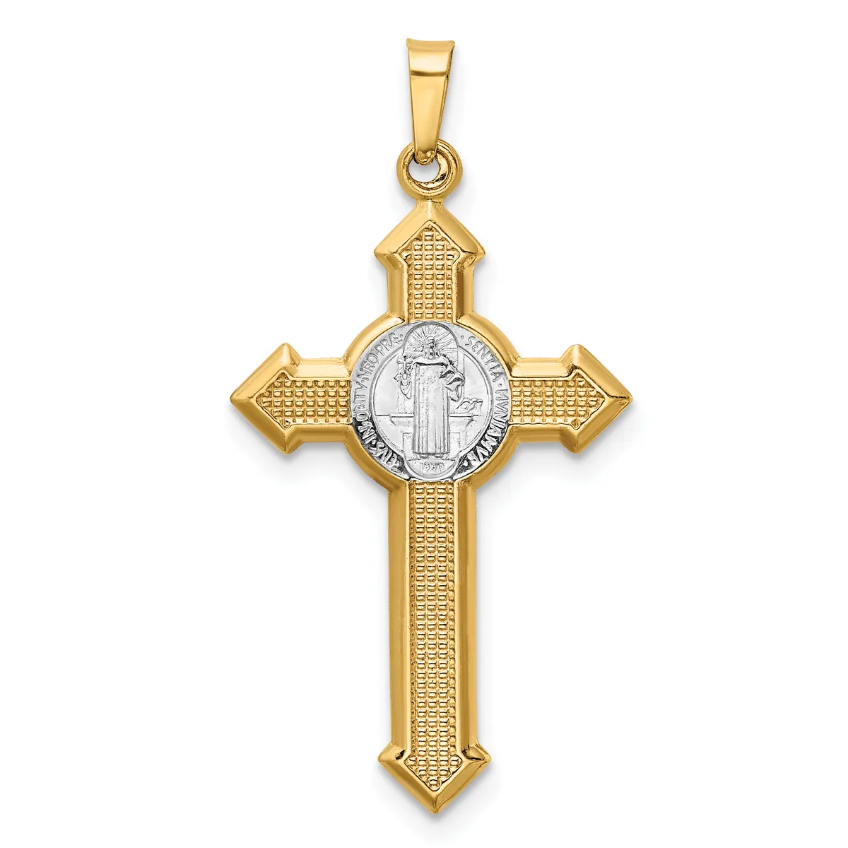 A gold cross pendant with a textured finish and a silver-toned oval medallion at its center featuring a standing religious figure.