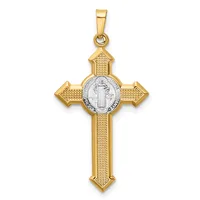 A gold cross pendant with a textured finish and a silver-toned oval medallion at its center featuring a standing religious figure.