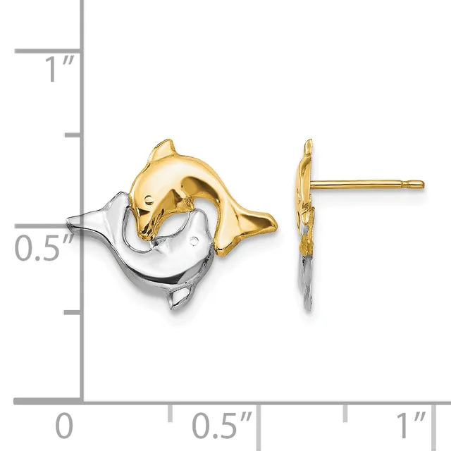 Two-tone dolphin stud earrings with yellow gold dolphin and white gold circular backing, shown front and side view against a measurement scale.