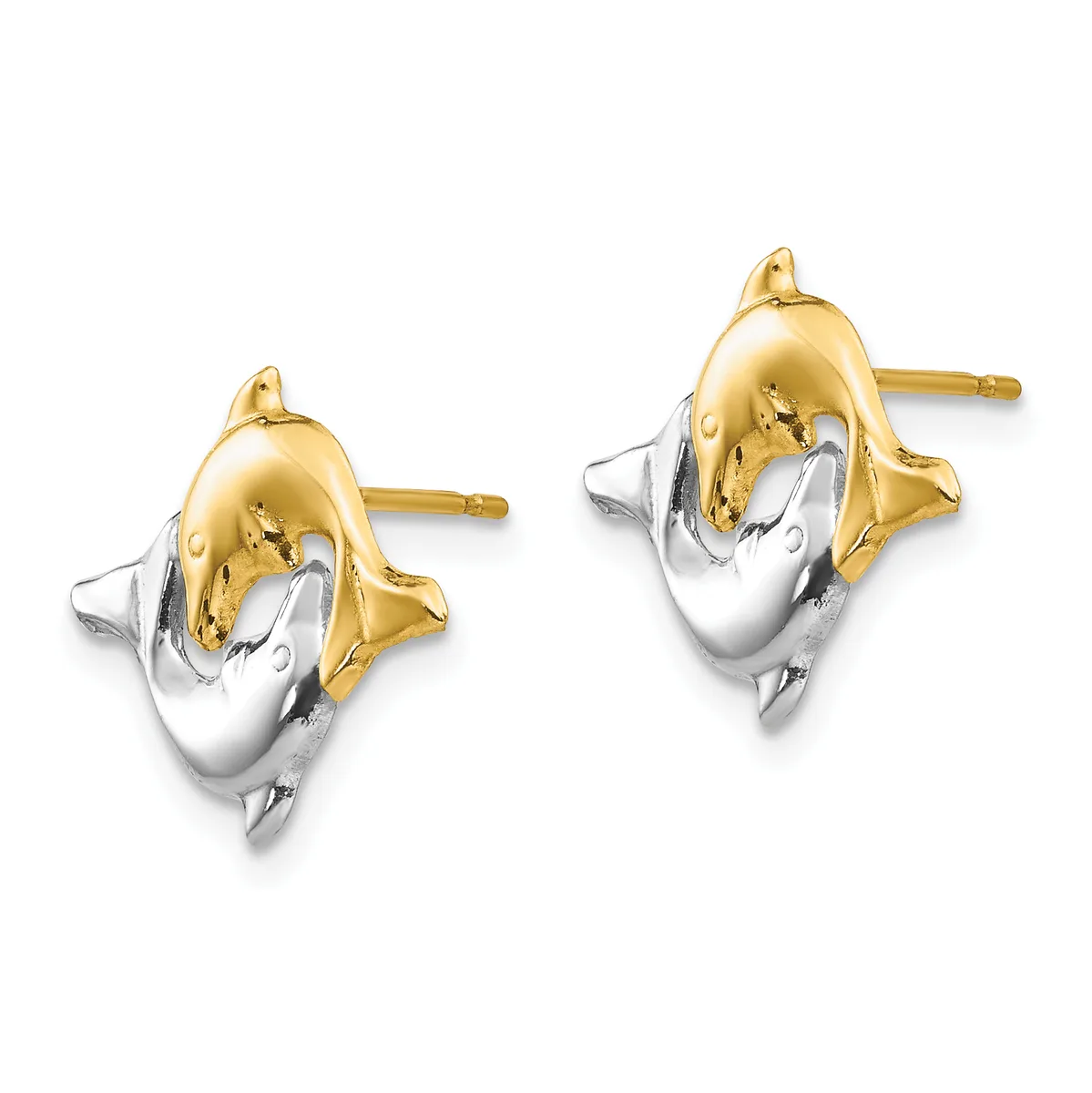 A pair of two-tone dolphin stud earrings with polished yellow gold bodies and white gold flukes, shown from the front against a white background.