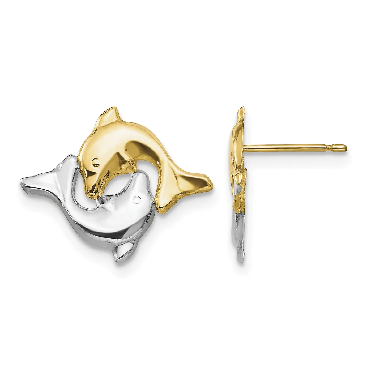 Two-tone dolphin stud earrings in yellow and white gold shown from front and side view.