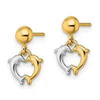 Pair of gold ball stud earrings with matching two-tone dolphin-shaped dangle charms in gold and silver.