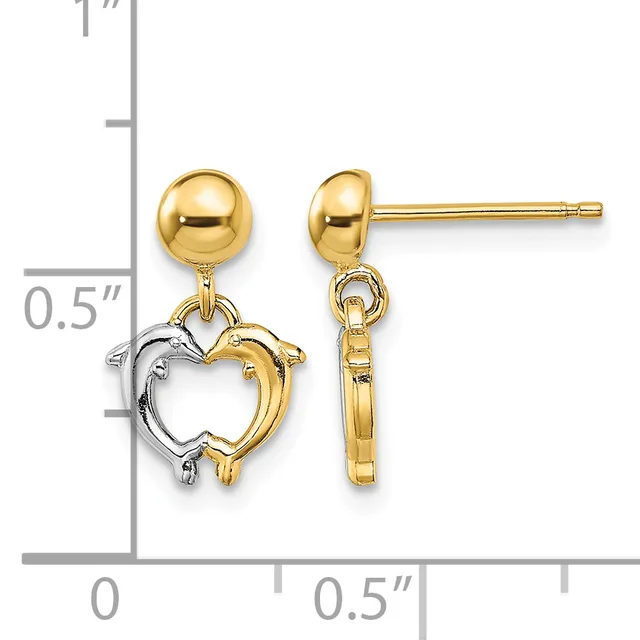Pair of gold drop earrings with polished ball studs and two-tone heart charms in yellow and white gold, shown next to a measurement scale.