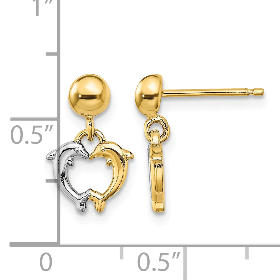 Pair of gold drop earrings with polished ball studs and two-tone heart charms in yellow and white gold, shown next to a measurement scale.