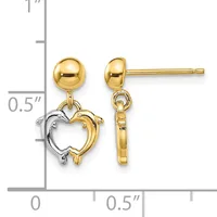 Pair of gold drop earrings with polished ball studs and two-tone heart charms in yellow and white gold, shown next to a measurement scale.