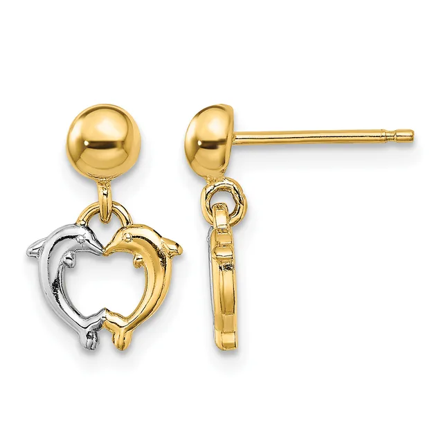 Pair of gold-plated stud earrings with ball tops and dangling two-tone heart charms in gold and silver, shown from front and side views.