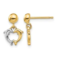 Pair of gold-plated stud earrings with ball tops and dangling two-tone heart charms in gold and silver, shown from front and side views.