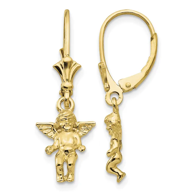 Pair of gold-colored lever-back earrings with cherub angel charms hanging from decorative wire loops, shown from front and side views.