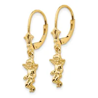Pair of gold leverback earrings with cherub charms hanging from decorative links.
