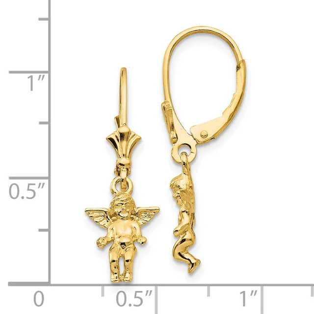 Gold-colored angel charm earrings with leverback closures displayed next to a ruler showing approximately one inch in length.