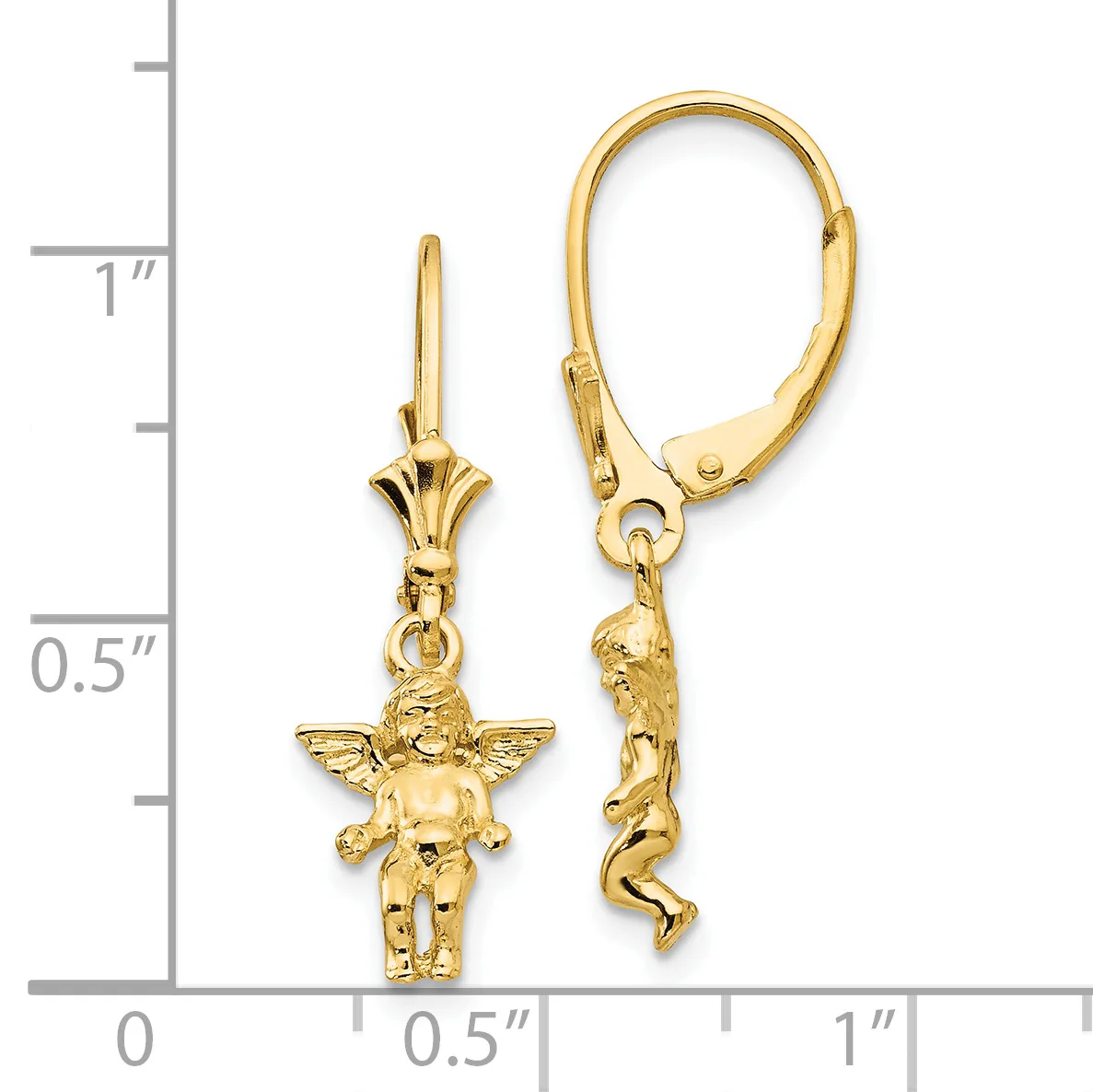 Gold-colored angel charm earrings with leverback closures displayed next to a ruler showing approximately one inch in length.