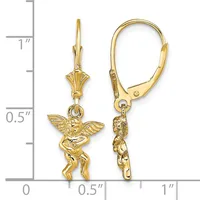 Gold lever-back earrings featuring cherub charms with wings, displayed next to a ruler showing approximately one inch in length.