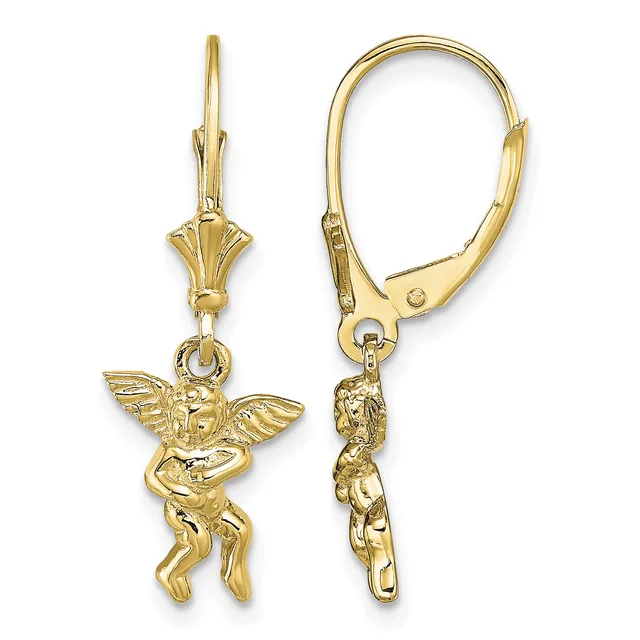 Pair of gold-toned lever-back earrings featuring cherub angel charms with wings, shown from front and back views.