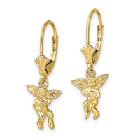 Pair of gold-toned lever-back earrings with winged cherub charms hanging from decorative shell-shaped connectors.