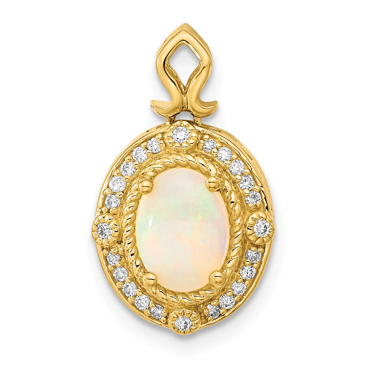 Gold pendant with an oval opal stone surrounded by round diamonds in an ornate twisted rope bezel setting and decorative bail.