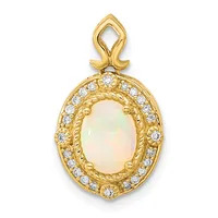 Gold pendant with an oval opal stone surrounded by round diamonds in an ornate twisted rope bezel setting and decorative bail.