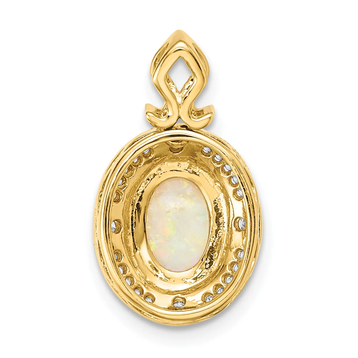 Gold oval pendant with a pale opalescent stone center surrounded by a beaded border and an ornamental bail loop at the top.