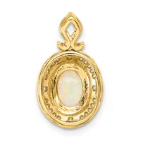 Gold oval pendant with a pale opalescent stone center surrounded by a beaded border and an ornamental bail loop at the top.
