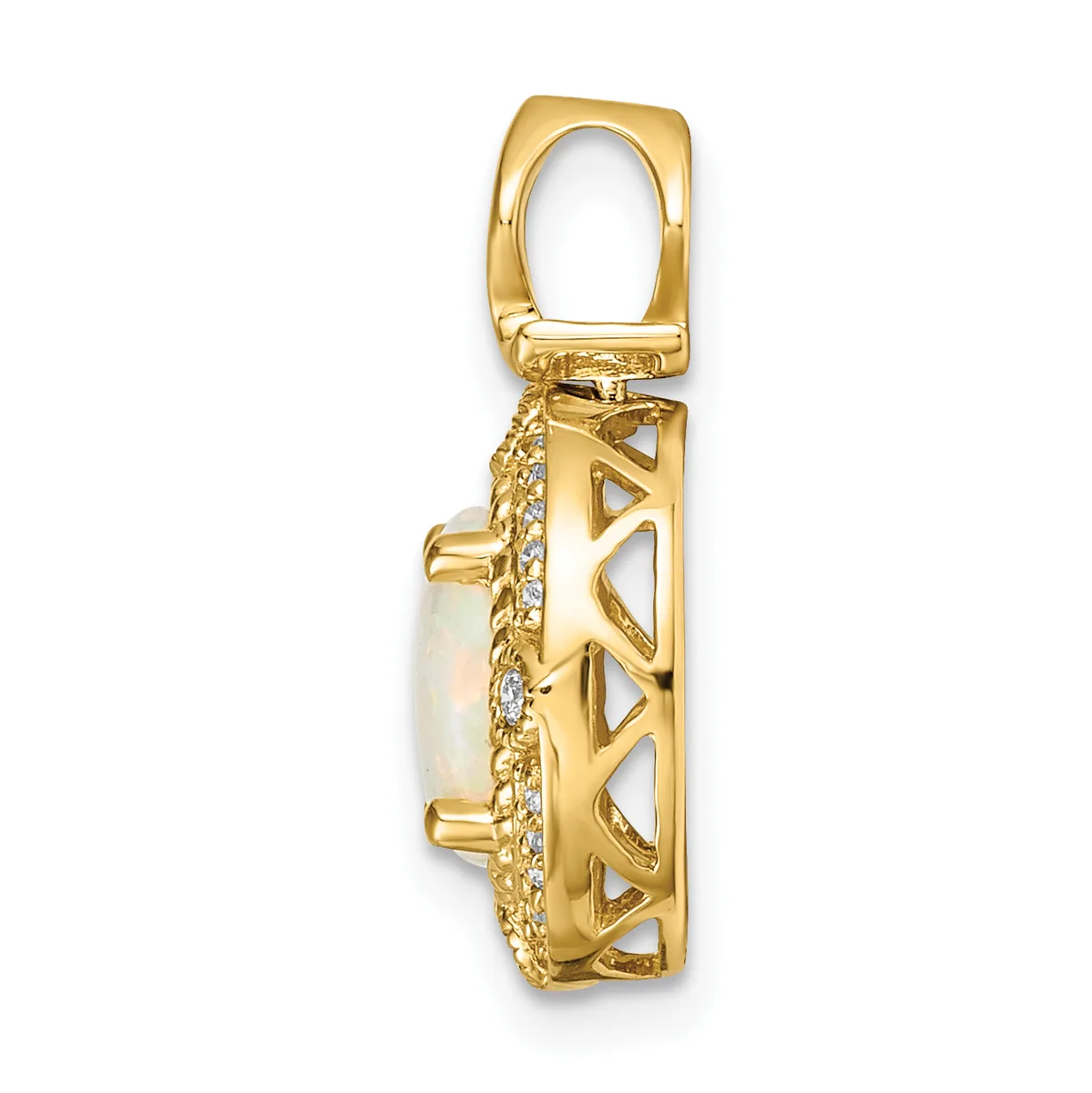 Gold-toned pendant with an oval white stone set in an ornate frame featuring geometric cutout patterns and a textured bail loop at the top.
