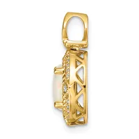 Gold-toned pendant with an oval white stone set in an ornate frame featuring geometric cutout patterns and a textured bail loop at the top.