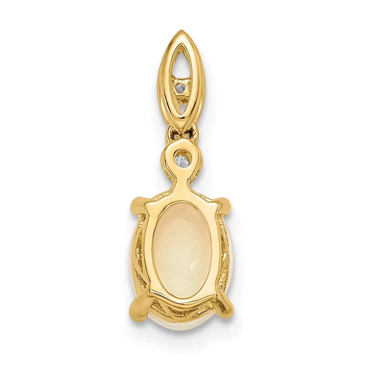 Gold pendant featuring an oval cream-colored cabochon stone set in an ornate frame with decorative side details and a small diamond accent on the bail.