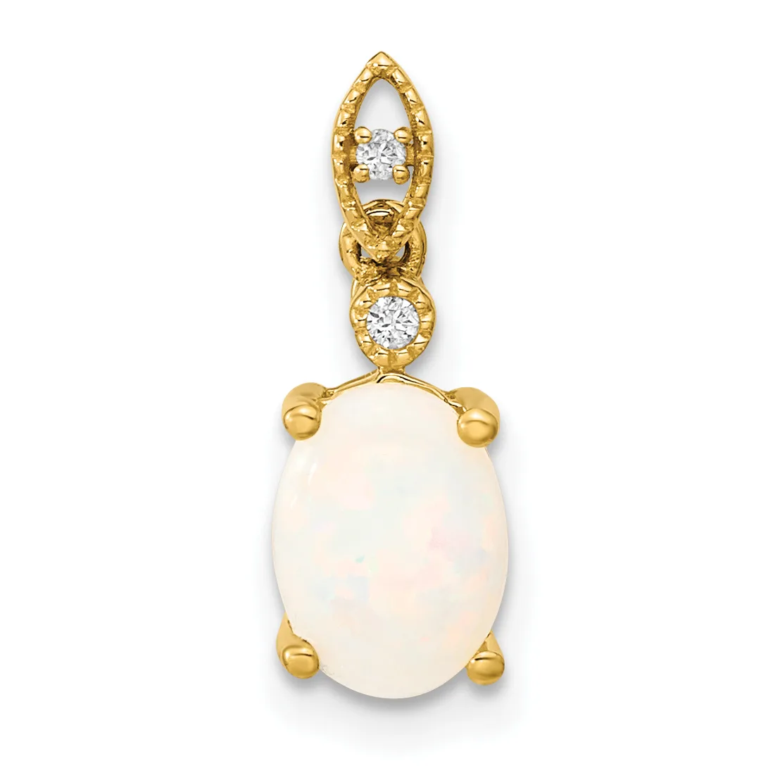 Gold pendant with an oval white opal stone suspended from an ornate bail set with two round white diamonds.