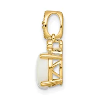 Gold-toned pendant with rectangular bail and oval white stone set in decorative geometric frame, shown against white background.