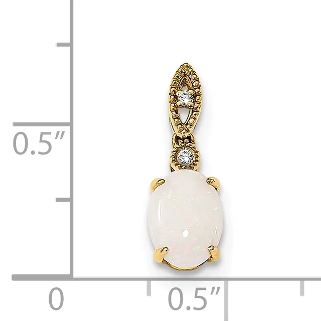 Gold pendant with oval white opal stone set in prongs, topped with ornate bail featuring two small diamonds, shown against a measurement scale.