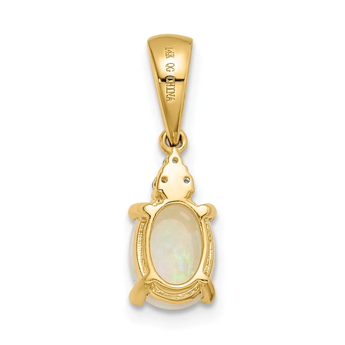 A gold pendant shaped like a turtle with an oval opal stone set in the center of its shell, suspended from a gold bail.