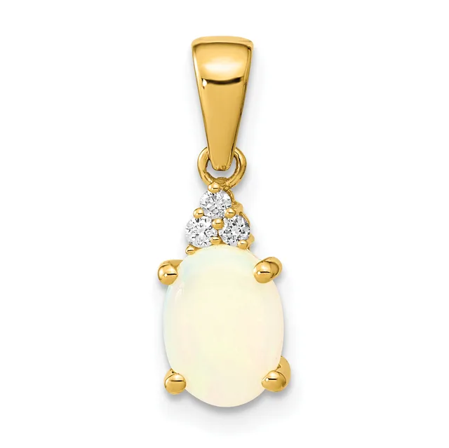Gold pendant with an oval cream-colored stone held by four gold prongs, topped with a gold bail and three small round diamonds.