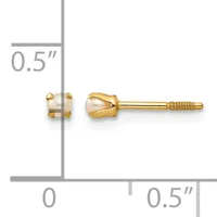 A pair of gold stud earrings with pearl caps and screw backs shown at actual size, approximately 0.5 inches in length.