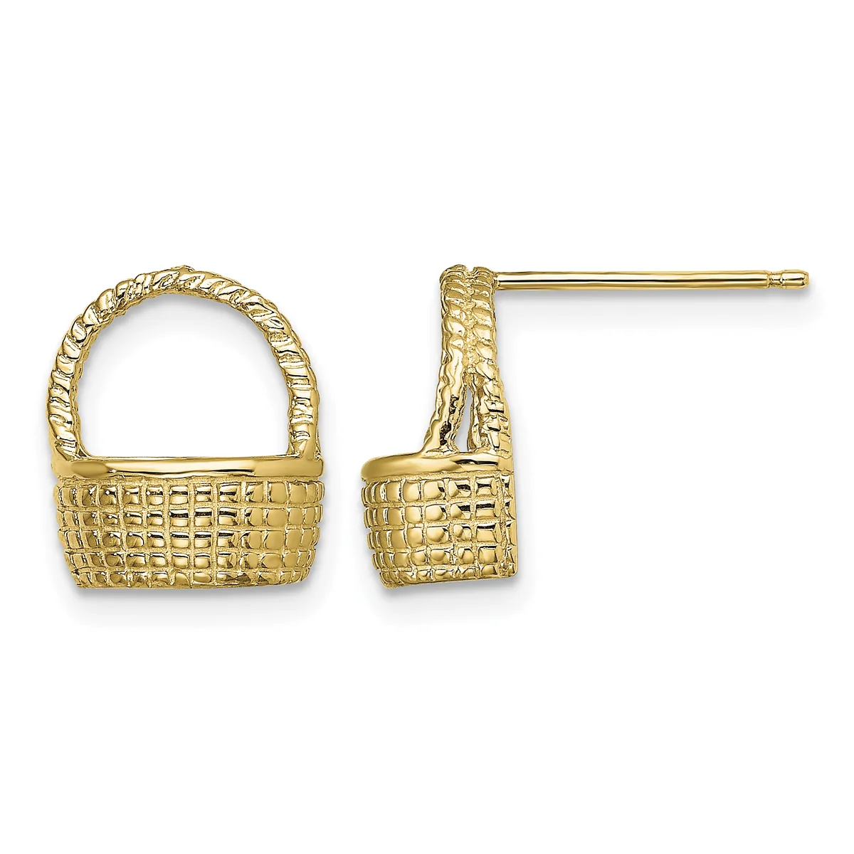 Pair of gold basket-shaped stud earrings with textured woven pattern and twisted rope-style handles, shown from front and side views.