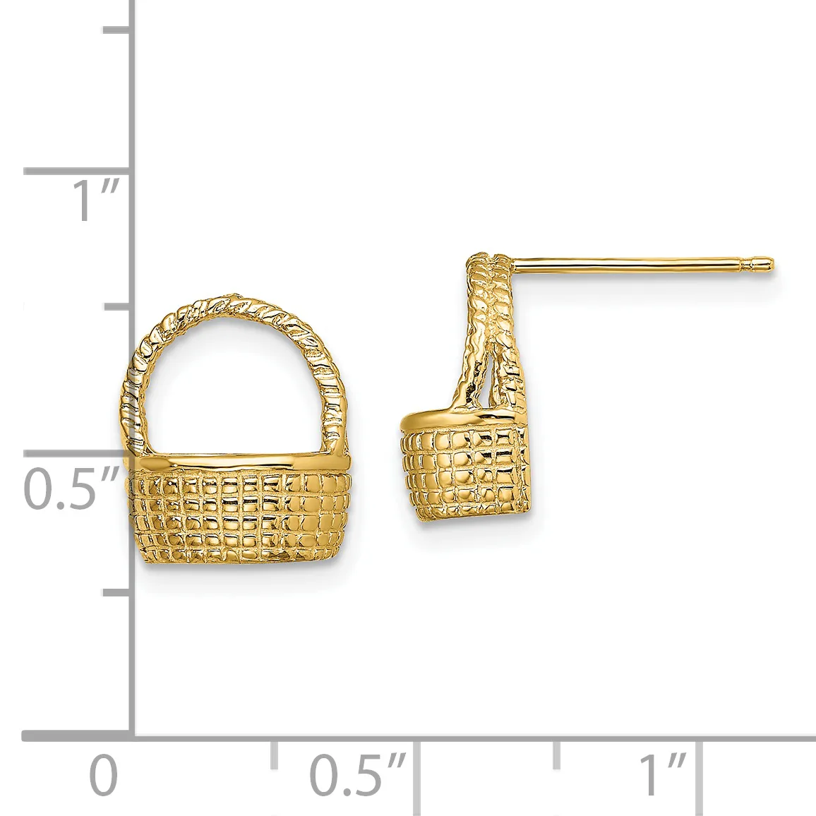 Pair of gold basket-shaped stud earrings with textured weave pattern and curved handles, shown next to a measurement ruler.