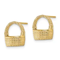 A pair of gold basket-weave textured hoop earrings with twisted rope detailing along the top, shown from the front against a white background.