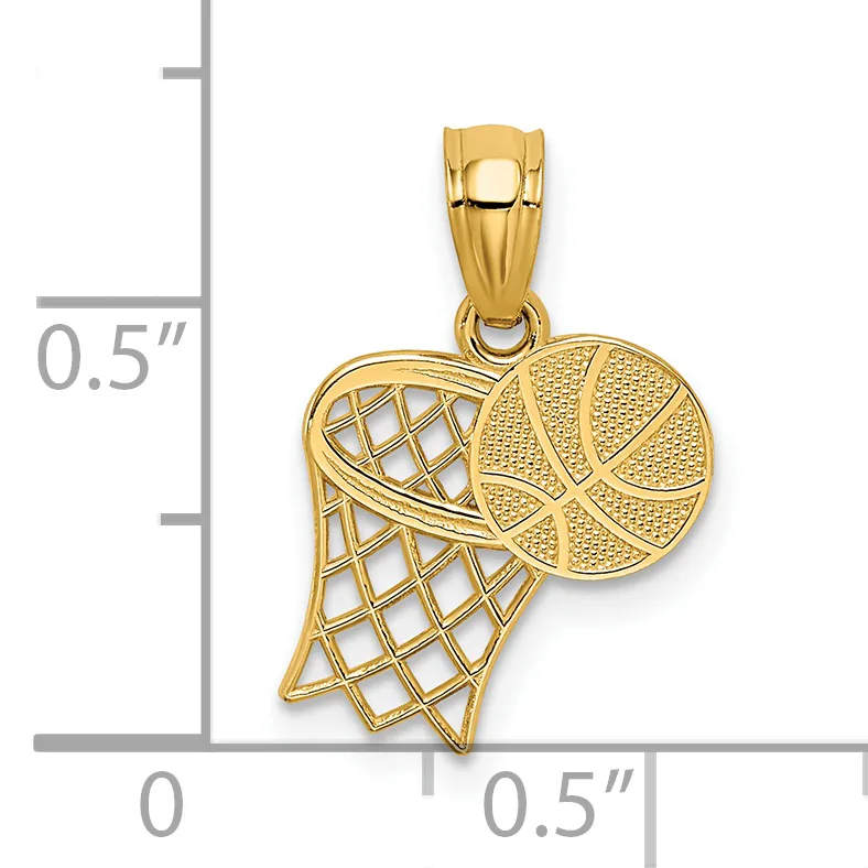 Gold basketball and net pendant shown against a measurement scale indicating the piece is approximately half an inch in width and height.