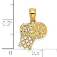 Gold basketball and net pendant shown against a measurement scale indicating the piece is approximately half an inch in width and height.
