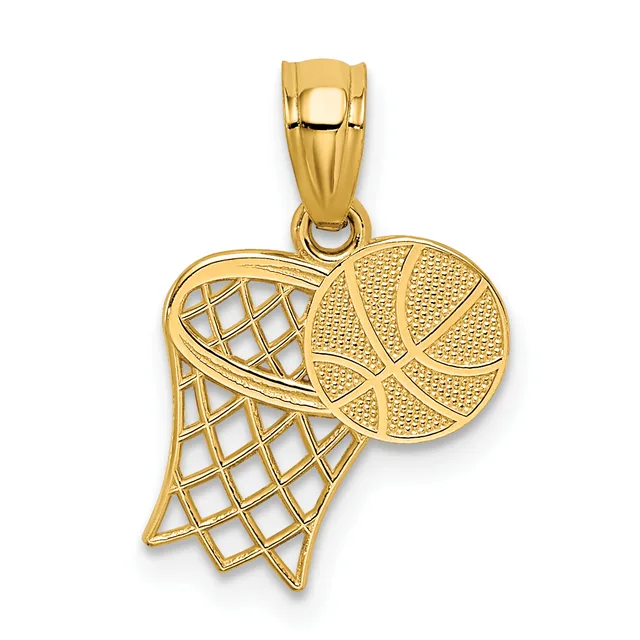 Gold pendant featuring a basketball net on the left and a textured basketball on the right, suspended from a bail at the top.