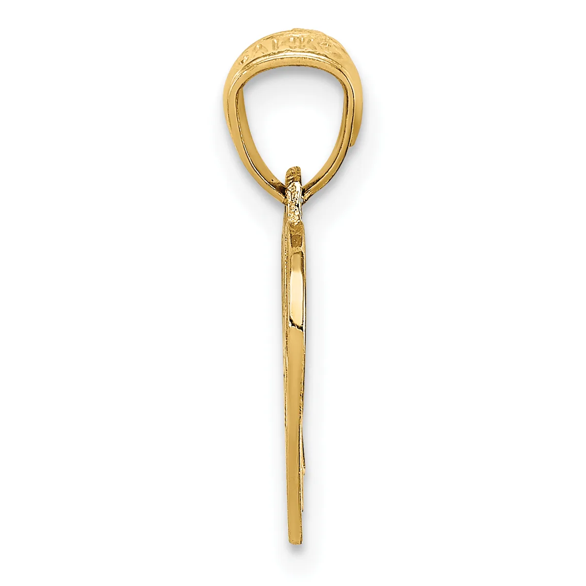A gold pendant holder with an open loop top and long stem, shown against a white background.