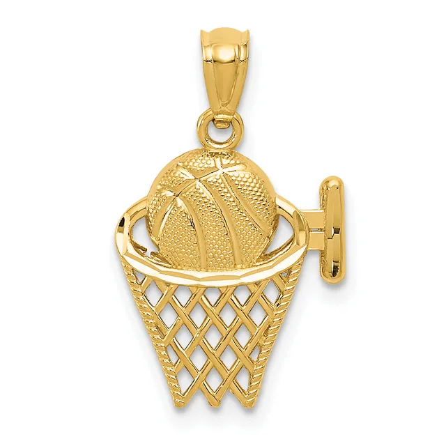 Gold basketball and hoop charm pendant with textured ball, openwork basket, and attached bail loop.