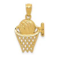 Gold basketball and hoop charm pendant with textured ball, openwork basket, and attached bail loop.