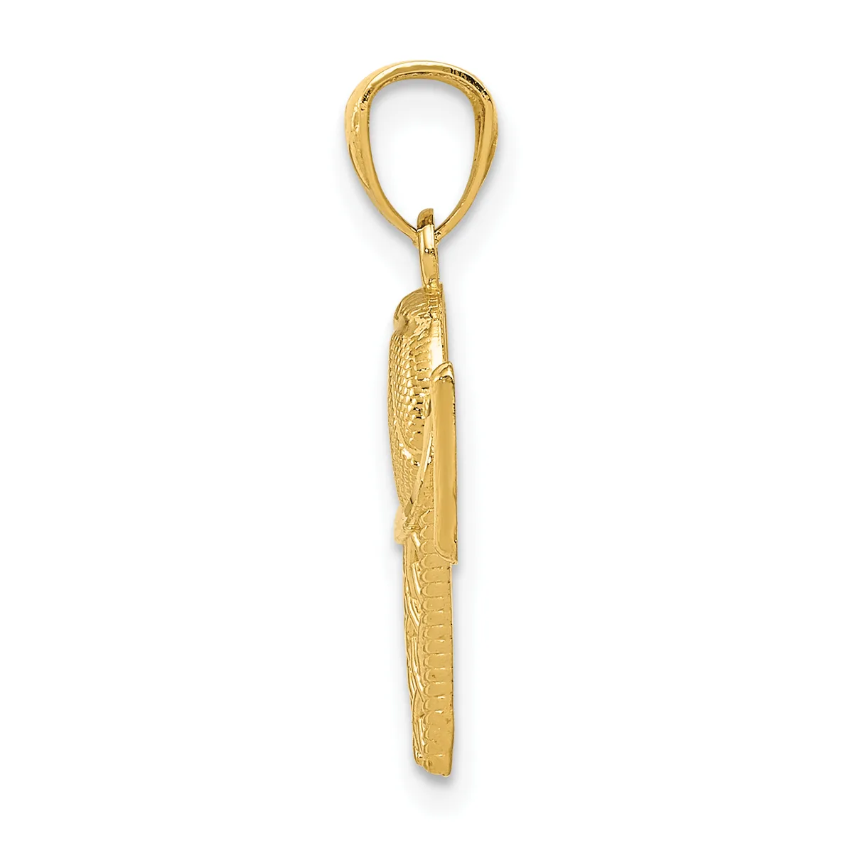 Gold-colored elongated pendant with textured surface detail hanging from a teardrop-shaped bail loop.