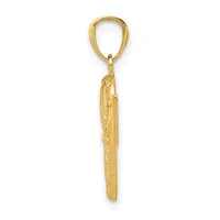 Gold-colored elongated pendant with textured surface detail hanging from a teardrop-shaped bail loop.