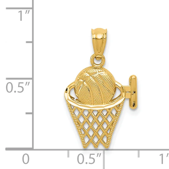 A gold basketball and hoop charm pendant displayed against a measurement scale showing it is approximately one inch tall.