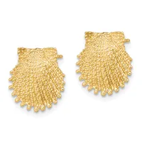 Pair of gold textured shell-shaped earrings with beaded edges and post backs, shown from the front.