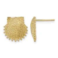 Pair of gold shell-shaped stud earrings shown from front and side views, featuring textured radiating lines and small beaded details along the edges.
