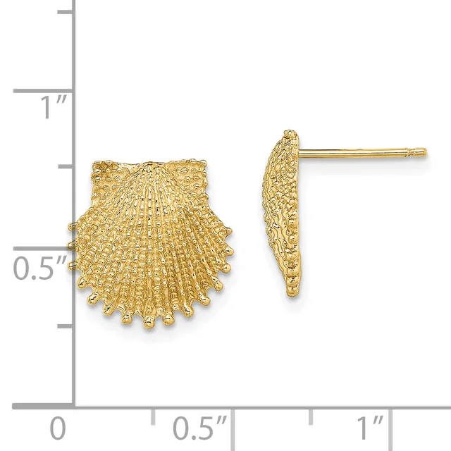 Gold seashell-shaped stud earrings shown from front and side views with a measurement scale indicating approximately 0.5 inches in height.