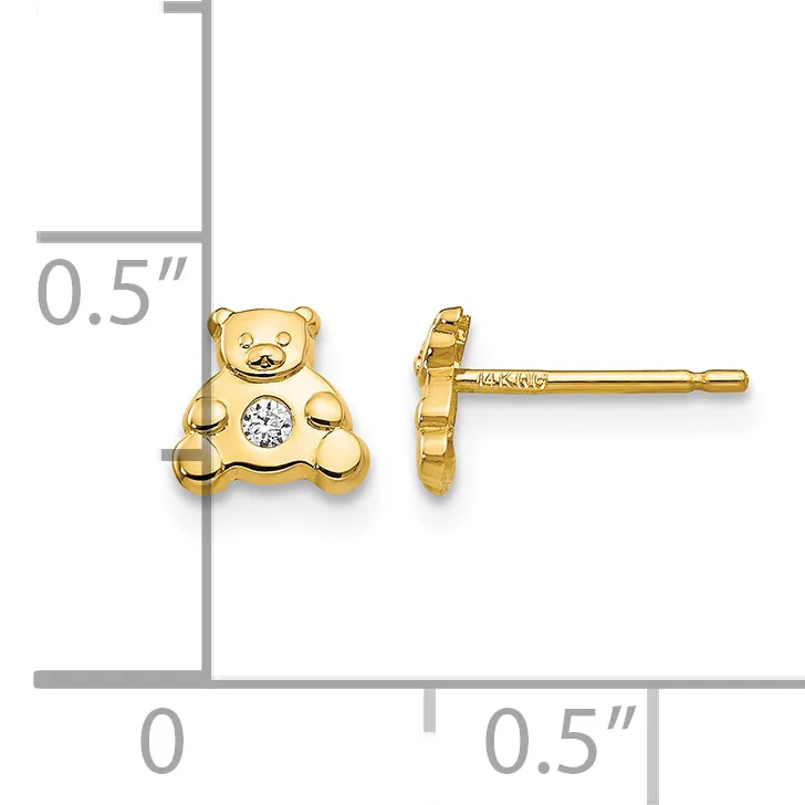 A pair of gold teddy bear stud earrings with round diamond centers, shown front and side view against a measurement scale indicating approximately 0.5 inches in height.
