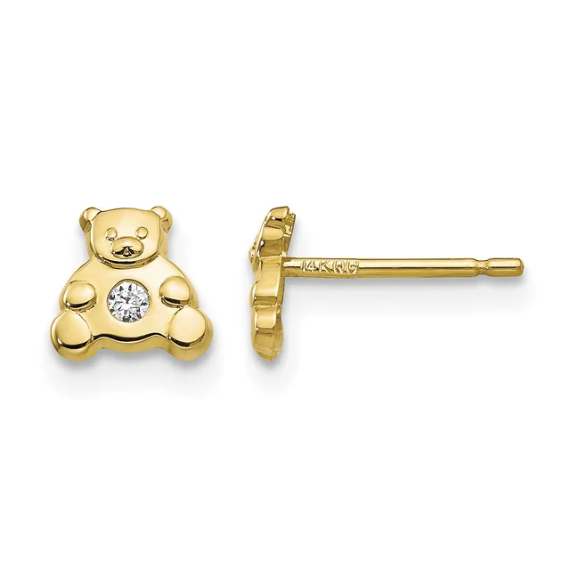 A pair of gold teddy bear stud earrings with round cubic zirconia stones in the center, shown from front and side views.