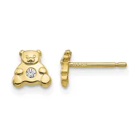 A pair of gold teddy bear stud earrings with round cubic zirconia stones in the center, shown from front and side views.