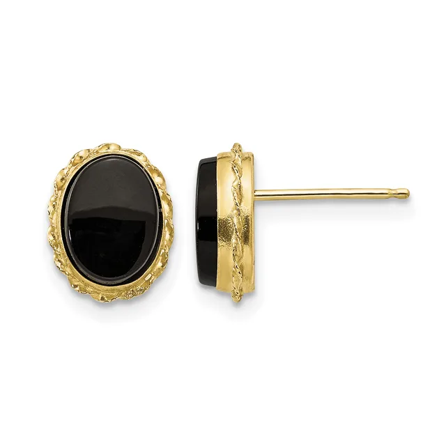 Pair of gold stud earrings with oval black onyx stones surrounded by textured gold frames, shown from front and side views.